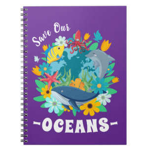 Caderno Espiral Salve nossos oceanos Flor Baleia Design Colorido T