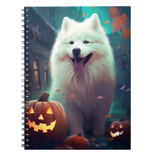 Caderno Espiral Samoyed de Halloween com Abóboras Assustador (Frente)