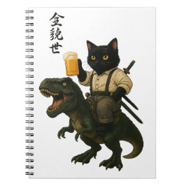 Caderno Espiral Samurai Cat with Beer & T-Rex | Retro Japanese Art