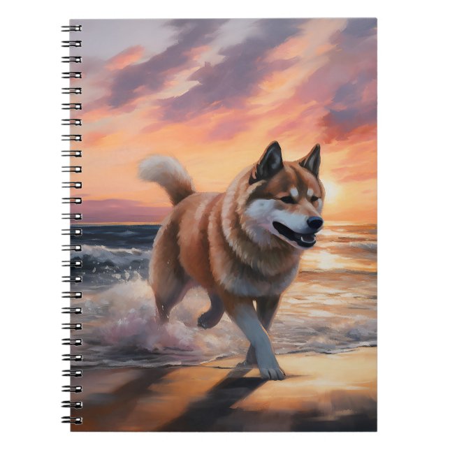Caderno Espiral Sandy Paws Akita Dog em Beach Sunset (Frente)