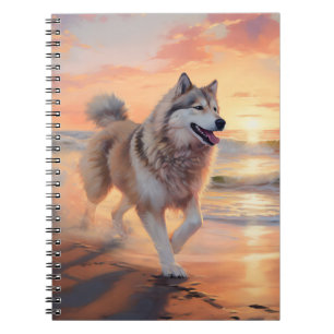 Caderno Espiral Sandy Paws Alaskan Malamute Dog em Beach Sunset