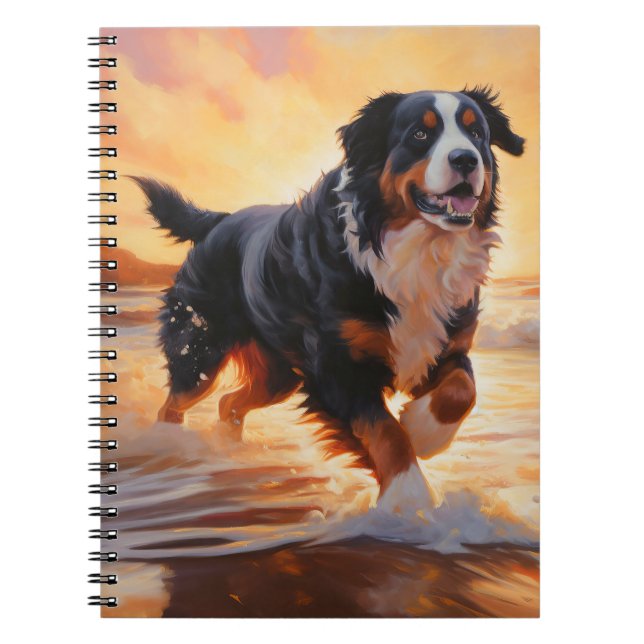 Caderno Espiral Sandy Paws Bernese Mountain Dog em Beach Sunset (Frente)