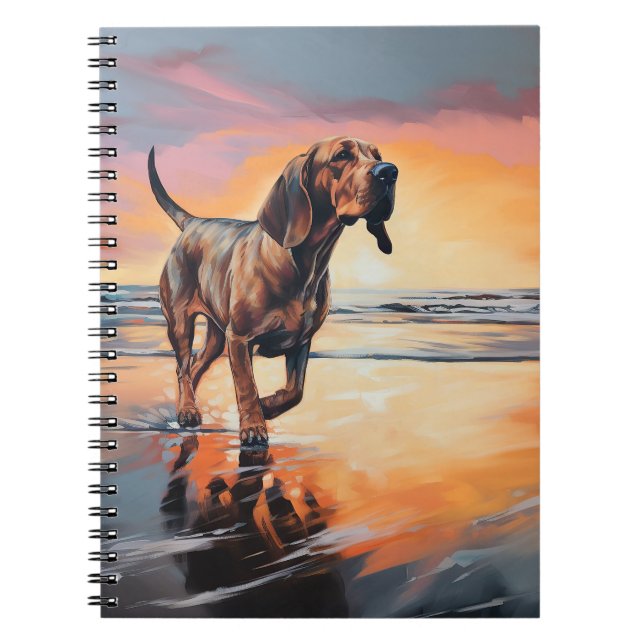 Caderno Espiral Sandy Paws Bloodhound Dog em Beach Sunset (Frente)