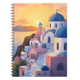Caderno Espiral Santorini, Grécia | Pôr do sol na costa em aquarel