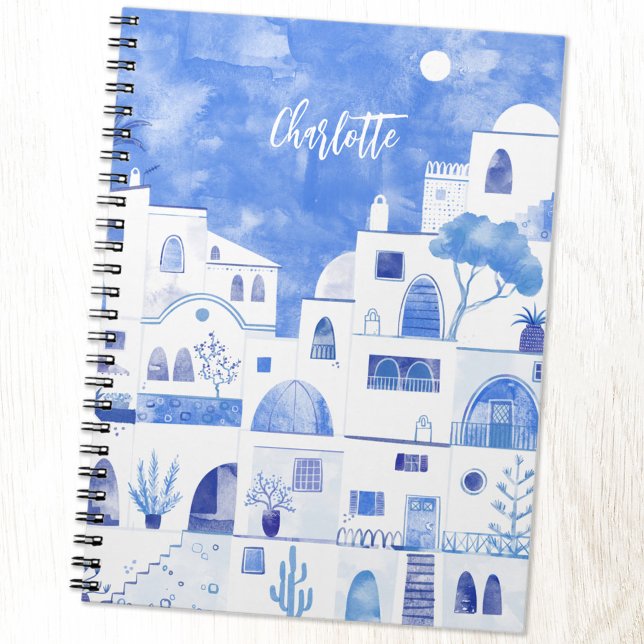 Caderno Espiral Santorini Oia, Ilha Grega, Aquarela Personalizada (Personalized custom name Santorini Greece blue and white watercolor art notebook)