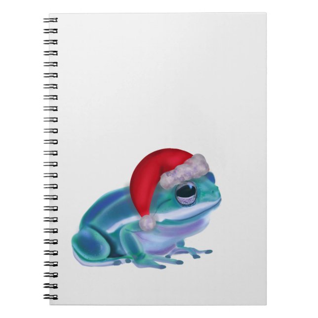 Caderno Espiral Sapo azul com chapéu de Papai Noel. (Frente)