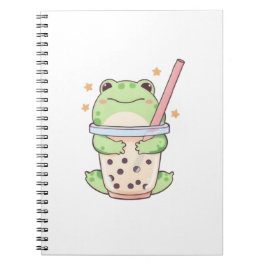 Caderno Espiral Sapo Kawaii Chibi Abraçando Xícara de Chá de Bolha