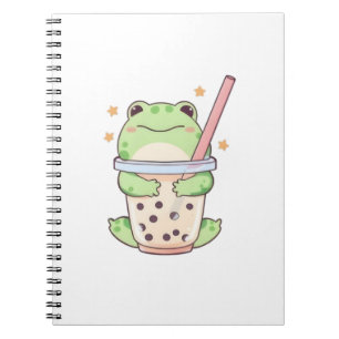 Caderno Espiral Sapo Kawaii Chibi Abraçando Xícara de Chá de Bolha