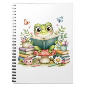 Caderno Espiral Sapo Kawaii Fofo Lendo um Livro Livro de Aquarel