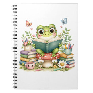 Caderno Espiral Sapo Kawaii Fofo Lendo um Livro | Livro de Aquarel