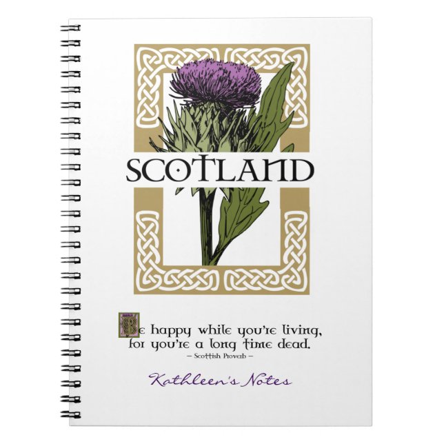 Caderno Espiral Scotland Scottish Thistle Dourado Celtic Knot Name (Frente)