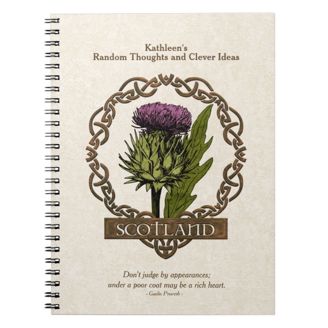 Caderno Espiral Scotland Scottish Thistle Dourado Celtic Knots (Frente)