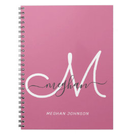 Caderno Espiral Script Branco Quente Rosa Quente Moderno Monograma