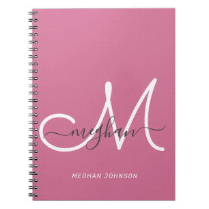 Caderno Espiral Script Branco Quente Rosa Quente Moderno Monograma