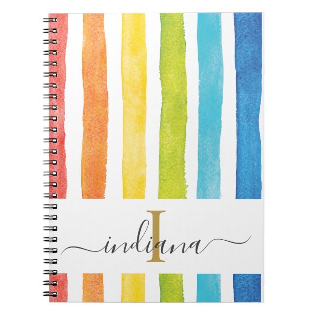 Caderno Espiral Script Cursivo Monograma de Stripe Arco-Íris (Frente)