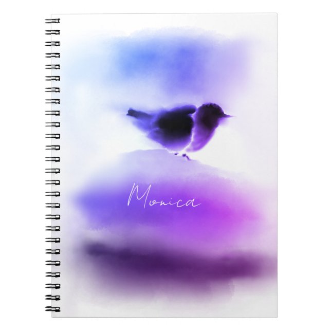 Caderno Espiral Script de aves de neve roxa e rosa (Frente)