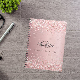 Caderno Espiral Script de monograma de brilho cor-de-rosa