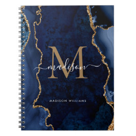 Caderno Espiral Script de Monograma de Geodo de Agate Dourado Azul