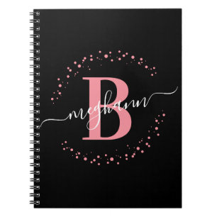 Caderno Espiral Script de Monograma de Nome Preto Rosa Girassol