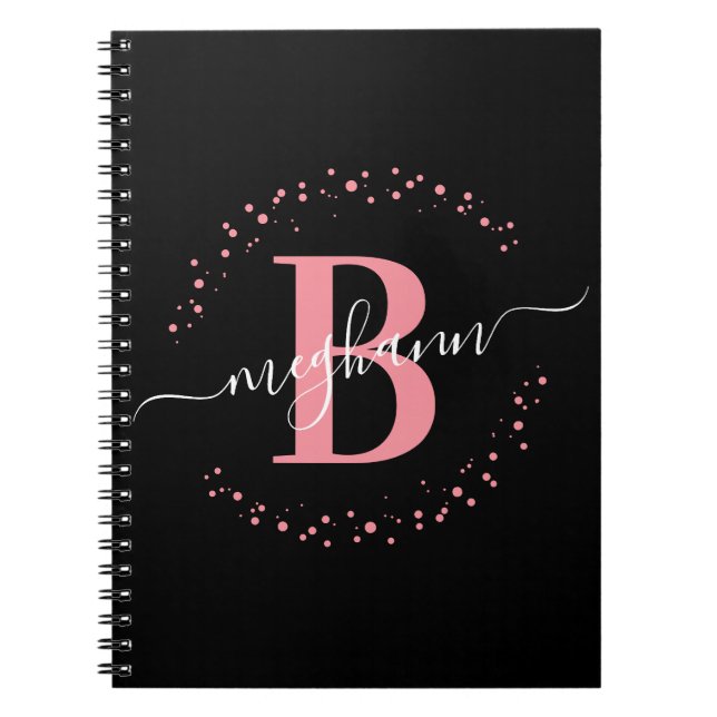 Caderno Espiral Script de Monograma de Nome Preto Rosa Girassol (Frente)
