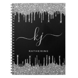 Caderno Espiral Script de Monograma do Elegante Black Silver Glitt