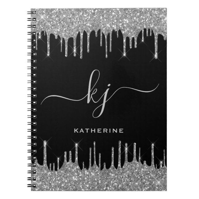 Caderno Espiral Script de Monograma do Elegante Black Silver Glitt (Frente)