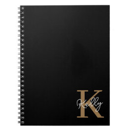 Caderno Espiral Script de Monograma Dourado Preto Moderno