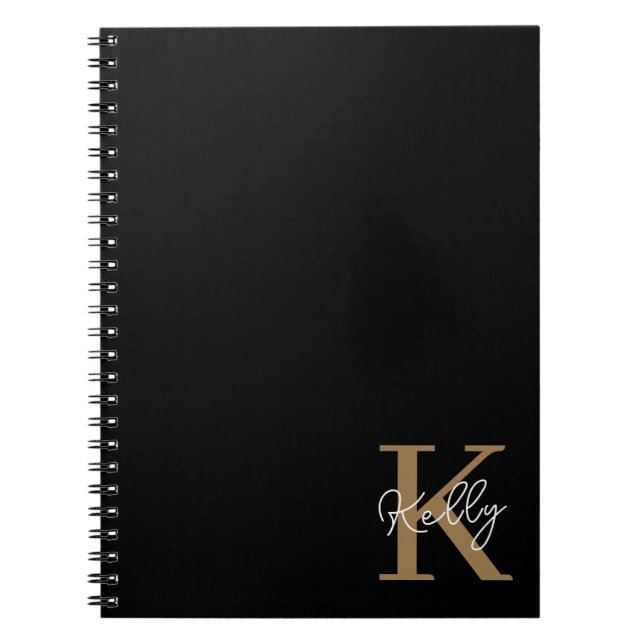 Caderno Espiral Script de Monograma Dourado Preto Moderno (Frente)