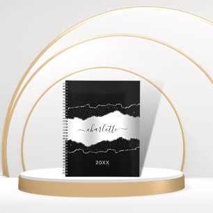 Caderno Espiral Script de nome da oscilação do mármore preto-prata