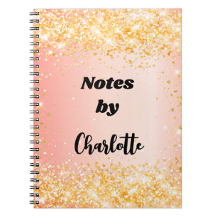 Caderno Espiral Script de nome de brilho rosa dourado laranja