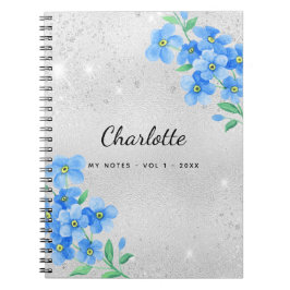 Caderno Espiral Script de nome floral azul de prata