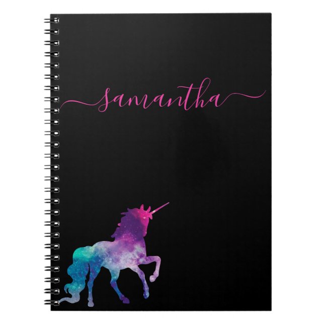 Caderno Espiral script de nome roxo preto Unicorn (Frente)