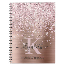 Caderno Espiral Script Diamond Glitter Dourado Glam Rosa Monograma