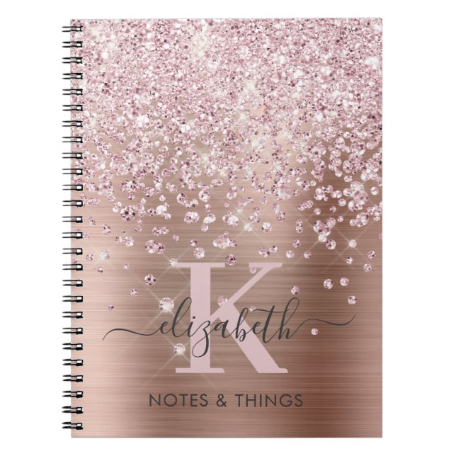 Caderno Espiral Script Diamond Glitter Dourado Glam Rosa Monograma (Frente)