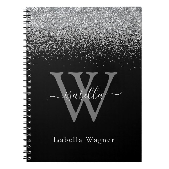 Caderno Espiral Script Elegante De Glitter Preto De fígado Monogra (Frente)