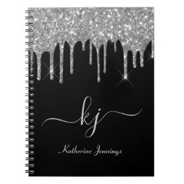 Caderno Espiral Script Monograma de Glitter de Cinza Prateada Eleg