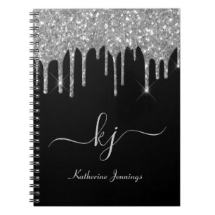 Caderno Espiral Script Monograma de Glitter de Cinza Prateada Eleg