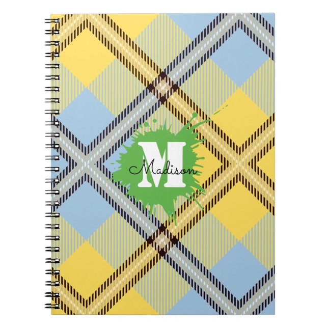 Caderno Espiral Script Monograma do Tartan Xadrez Amarelo Elegante (Frente)