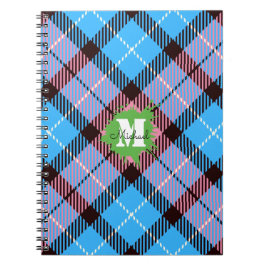 Caderno Espiral Script Monograma Personalizado de Tartan Azul-Rosa