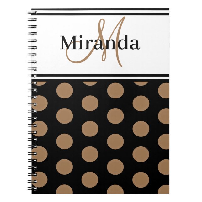 Caderno Espiral Script Monogramas Bolinhas castanhas brancas preta (Frente)