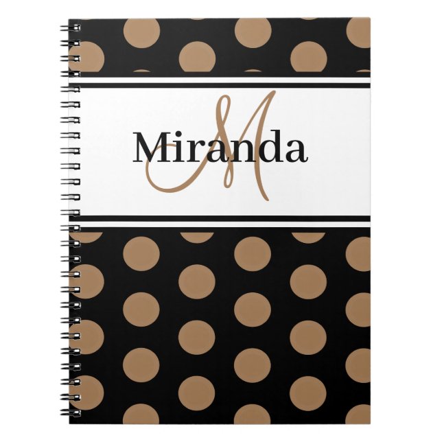 Caderno Espiral Script Monogramas Bolinhas castanhas brancas preta (Frente)
