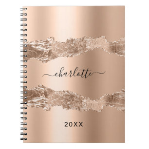 Caderno Espiral script rosa gold agate marble name