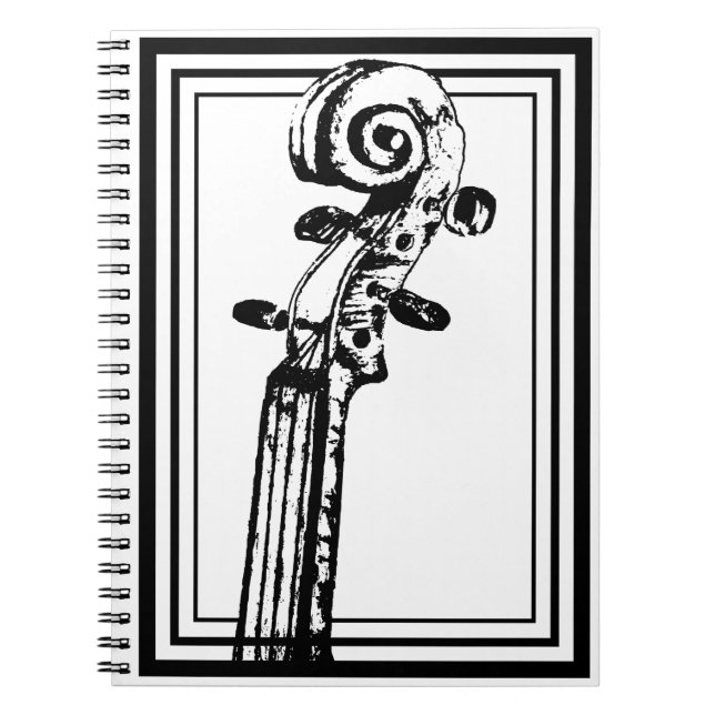 Caderno Espiral Scroll de Violino Preto e Branco com Contornos Pre (Frente)