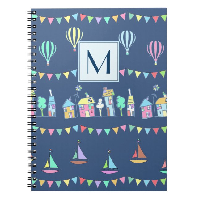 Caderno Espiral Seaside Town Sail Boats and Bunting Monogram (Frente)