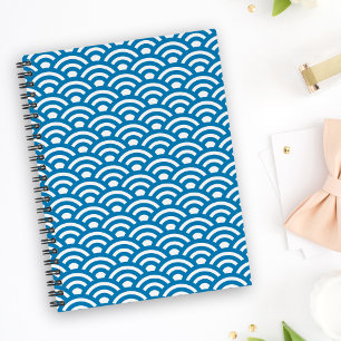 Caderno Espiral Seigaiha, Ondas, Japonês, Azul e Branco