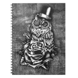 Caderno Espiral Seja coruja sábia do estilo do tatuagem na base d