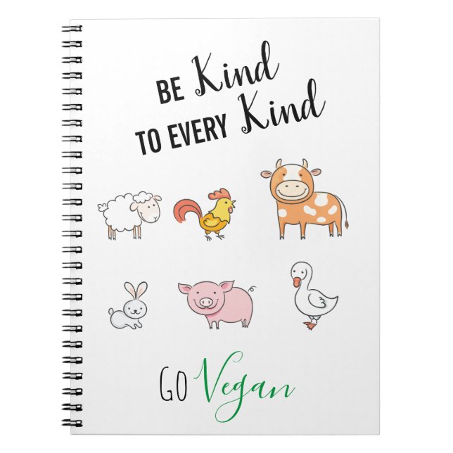 Caderno Espiral Seja gentil Vegan com animais de fazenda de cartoo (Frente)