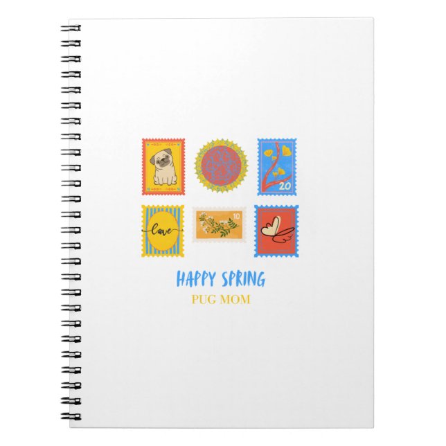 Caderno Espiral Selo de primavera Pug feliz  (Frente)