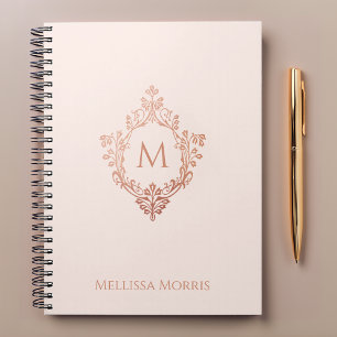 Caderno Espiral Selo Monograma Rosa Dourado Elegante Crachá Vintag