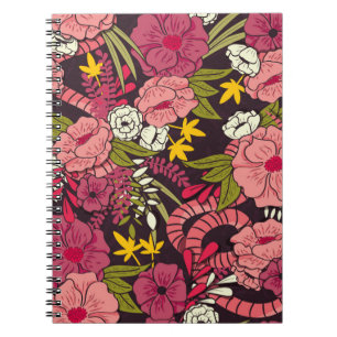Caderno Espiral Selva floral com padrão cobra, flor tropical